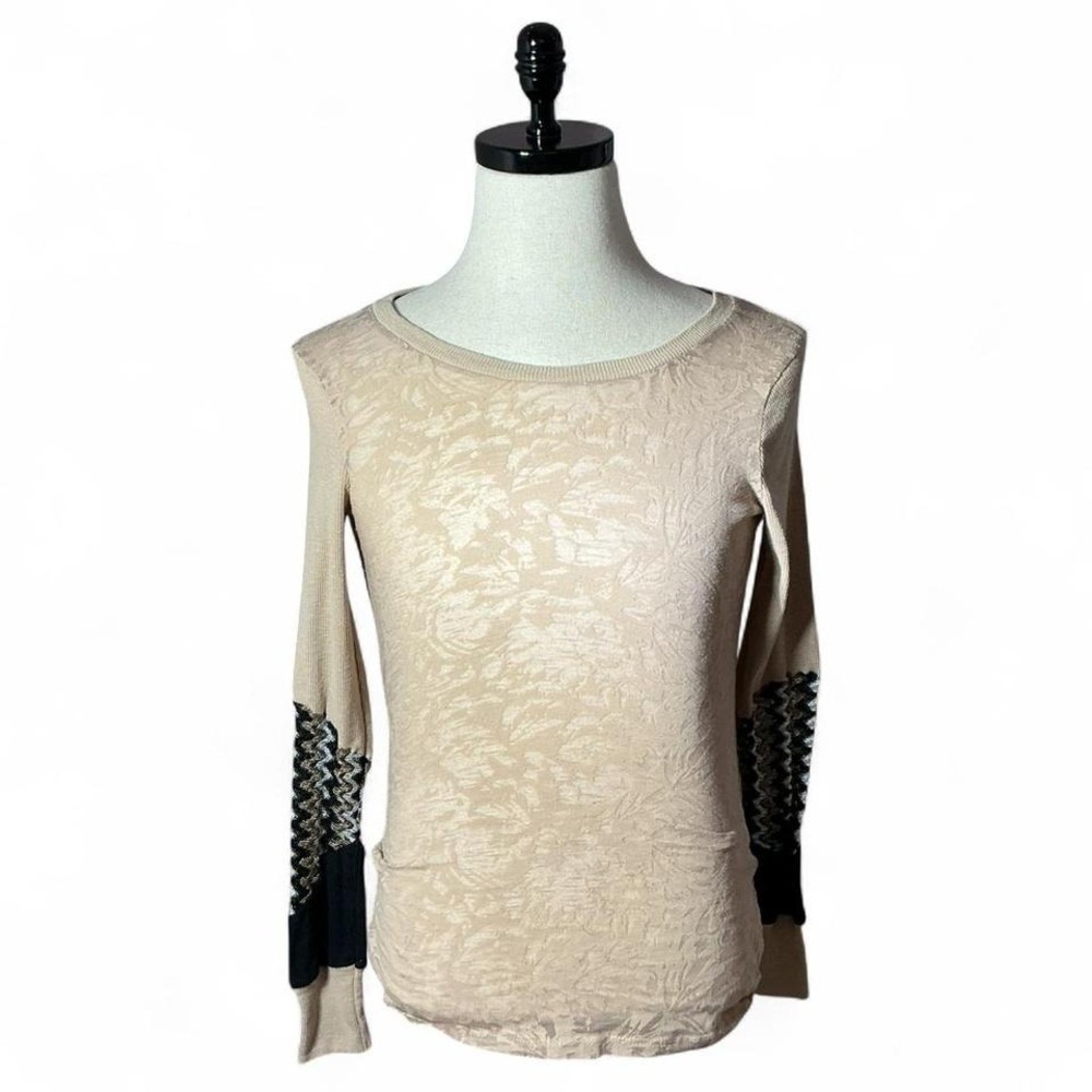 BKE Mixed Media Burnout Floral Top Women M Tan Boho Crochet Chevron Long Sleeve